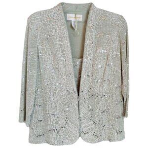 Jeanne Alexander 2 Piece Set Jacket Tank Top Sparkle Sequin Green Silver SMALL